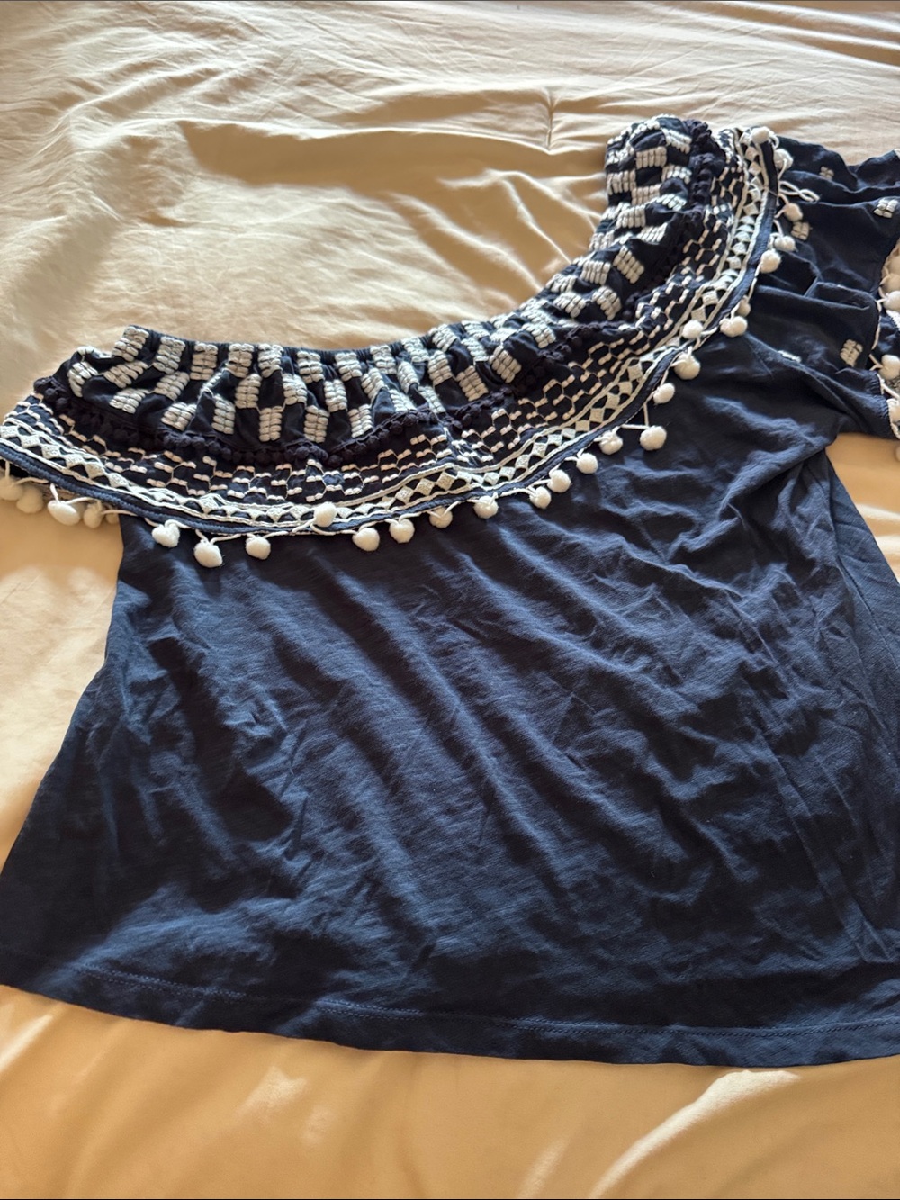 Anthropology Navy One-Shoulder Pom Pom Trim Top
